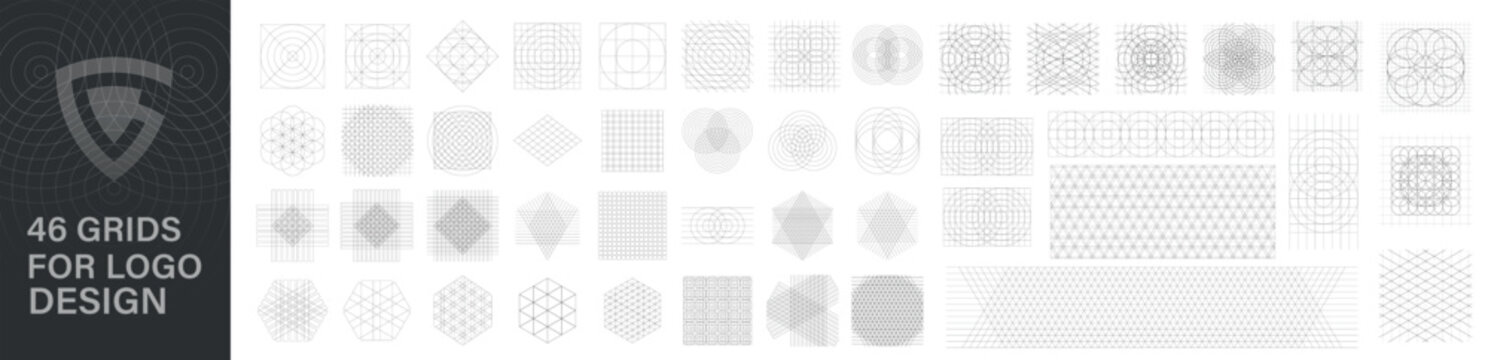 A big vector set of grids for logo design. Trendy abstract minimalist figures, stars, flowers, circles, squares, triangles, polygons, shields, pins, diamonds. Create beautiful geometric logos