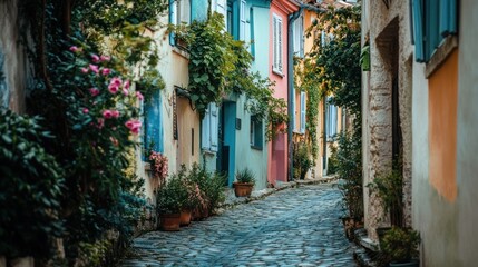Charming Cobblestone Street in a Colorful European Village
