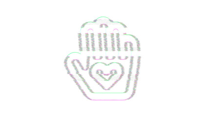 Icon hand heart is distorted. Glitch. Noise, chromatic aberration, geometric distortion