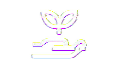 Icon hand holding seedling is distorted. Glitch. Noise, chromatic aberration, geometric distortion