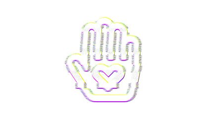 Icon hand heart is distorted. Glitch. Noise, chromatic aberration, geometric distortion