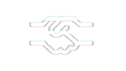 Icon handshake is distorted. Glitch. Noise, chromatic aberration, geometric distortion