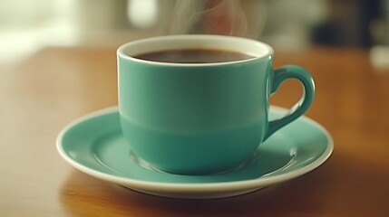 Fototapeta premium Steaming coffee in teal cup