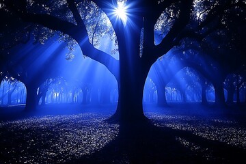 Obraz premium Silhouette of ancient trees bathed in ethereal blue light.