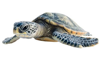 A realistic sea turtle gliding gracefully underwater, surrounded by vibrant coral reefs and marine life in a serene ocean setting