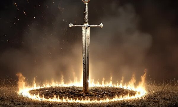A sword stands firm in a circle of flames, emitting light in a field with a cloudy background, suggesting power