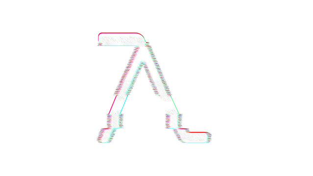 Icon lambda is distorted. Glitch. Noise, chromatic aberration, geometric distortion