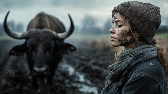 Muddy Girl and Aurochs: A young woman, face smeared with mud, gazes pensively towards a large aurochs in a muddy field. The overall mood is somber and slightly ominous.