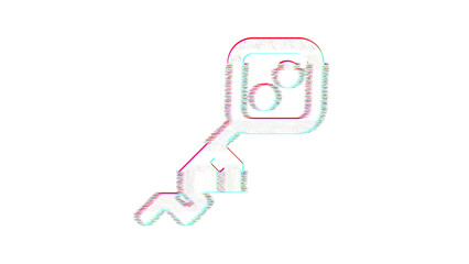 Icon key skeleton is distorted. Glitch. Noise, chromatic aberration, geometric distortion