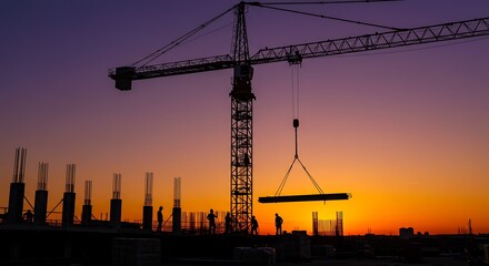 Crane Lifting Materials at Construction Site with Workers at Sunset