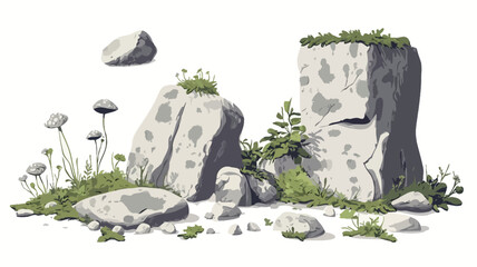 A digital illustration depicts a cluster of grey and white cartoonish rocks of varying sizes and shapes, scattered against a pure white background.  Several rocks exhibit a weathered