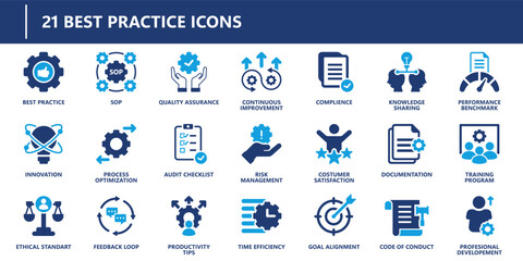 Best practice icons pack in solid style including SOP, compliance, audit checklist, risk management, time efficiency, documentation, and training.