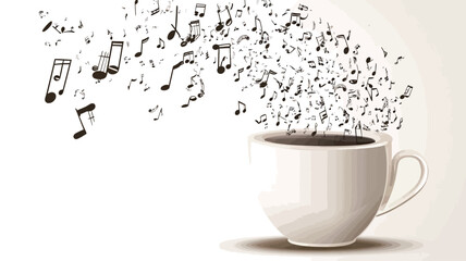 The image showcases a vector illustration of a white coffee mug positioned centrally against a stark white background.  From the mug, a dynamic spray of black musical notes emanates