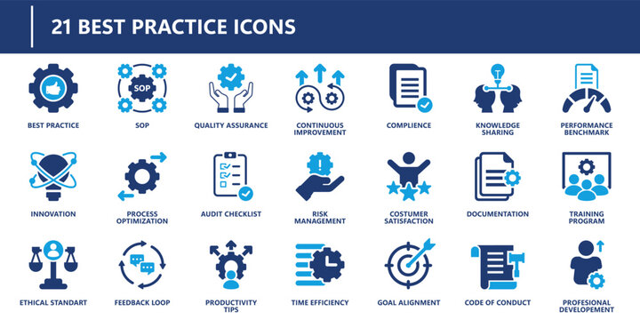 Best practice icons pack in solid style including SOP, compliance, audit checklist, risk management, time efficiency, documentation, and training.