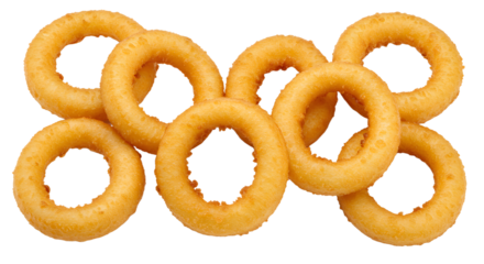 A vibrant arrangement of golden, crispy onion rings artfully stacked on a transparent background, perfect for food photography