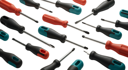 A vibrant assortment of screwdrivers arranged in a dynamic pattern, showcasing their ergonomic handles and shiny tips