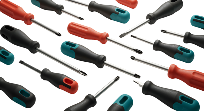 A vibrant assortment of screwdrivers arranged in a dynamic pattern, showcasing their ergonomic handles and shiny tips