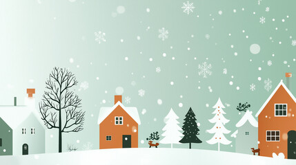 Fototapeta premium A simple vector illustration of snow falling on houses and trees in the distance