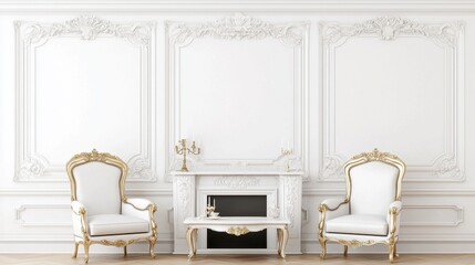 Elegant white interior with vintage chairs and ornate wall details