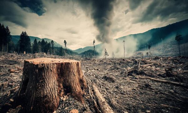 Clearcut forest stump against a gray, somber sky. The destruction and devastation are visible