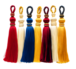 A vibrant display of colorful tassels in varying shades, showcasing craftsmanship and design, ideal for home decor