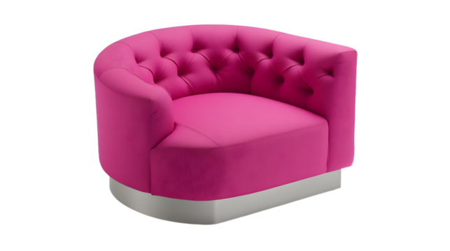 A vibrant pink upholstered chair with tufted design, placed against a minimalistic background, ideal for modern interior decor