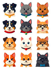 Fototapeta premium A charming illustration featuring various happy dogs and cats with appealing expressions, perfect for fun projects.