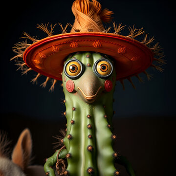 Cactus desperado with wide eyes on his steed