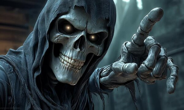 Grim Reaper points, a spooky skeleton figure with glowing eyes and dark robe