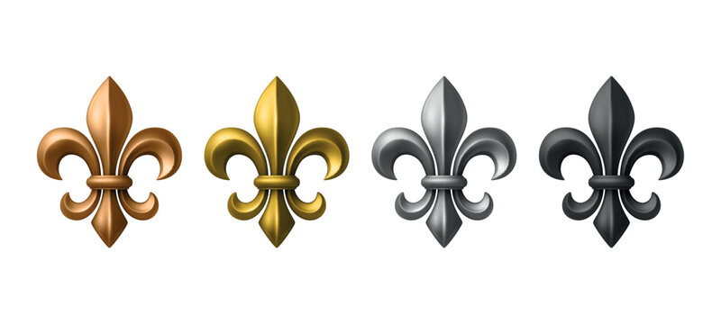Vector 3D Realistic Fleur-de-Lis Symbols in Gold, Silver, Bronze and Black. Heraldic Royal Lily Icon Set for Medieval Emblems, Badges, Coat of Arms and Decorative Designs. Vector Illustration