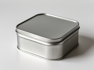 A square silver metal tin with a matte finish and rounded edges. Compact, durable, and versatile for storage or packaging.