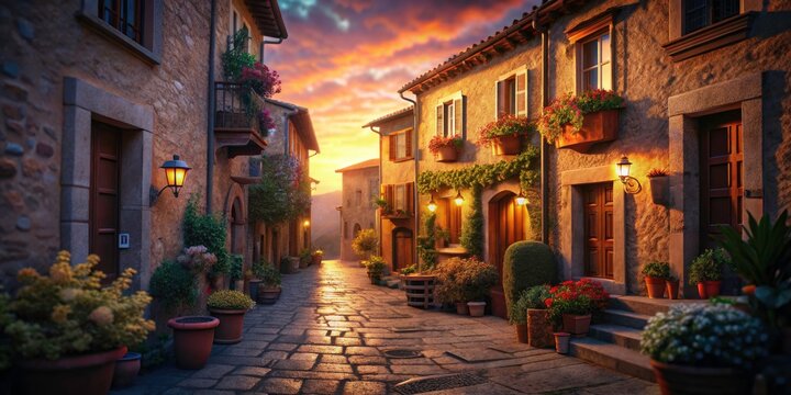 Fototapeta Tilt-Shift Tuscany: Medieval Street Photography, Italian Village, Charming  Cobblestone Streets, Historic Architecture, Sunset in Tuscany