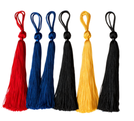 Colorful tassels in red, blue, yellow, and black hanging vertically against a white background, ideal for decorative use