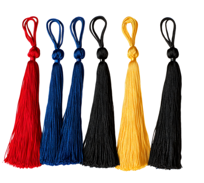 Colorful tassels in red, blue, yellow, and black hanging vertically against a white background, ideal for decorative use