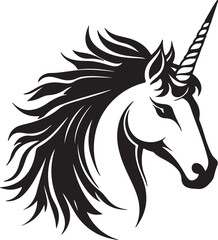 Black Unicorn Portrait, Vector Illustration, Isolated on White Background, Fantasy Creature and Magical Concept, Majestic black unicorn head profile, detailed mane and horn, dark fantasy art. 
