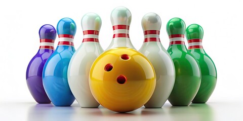Naklejka premium 3D Rendered Bowling Ball & Skittles: Isolated Objects, Realistic Still Life