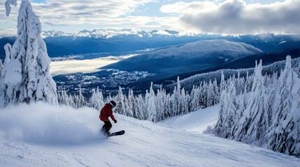 Snowboarder Thrilling Descent Through Pristine Powder, Snowy Landscape Backdrop