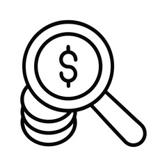 Dollar Coins Stack and Magnifying Glass Icon in Outline Style with Transparent Background