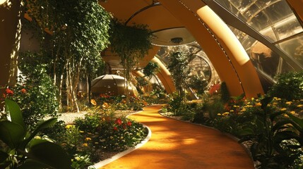 Martian bio-dome cultivating life with flowers and trees under structured glass