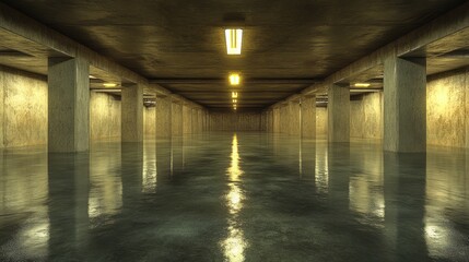 Fototapeta premium Flooded underground parking structure is illuminated by recessed lighting