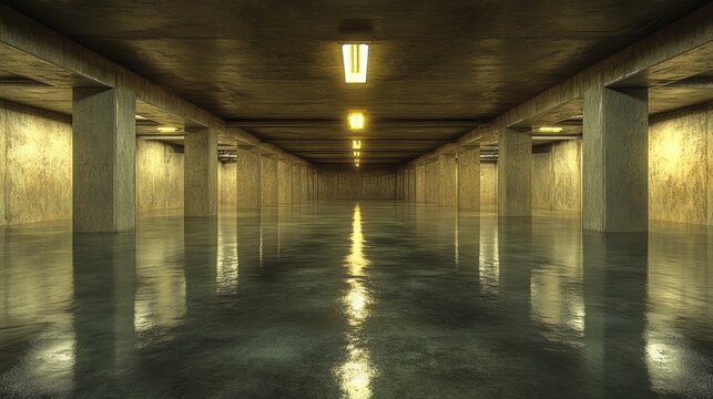 Flooded underground parking structure is illuminated by recessed lighting