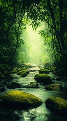Obraz premium Tranquil forest stream flowing through mossy rocks and vibrant green foliage