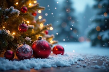Snowy winter wonderland with festive lights and ornaments on a decorated table background, snowy table,