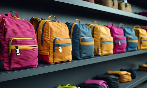 Colorful backpacks line a shelf, offering variety for customers, neatly arranged in a retail setting with a focus on merchandise