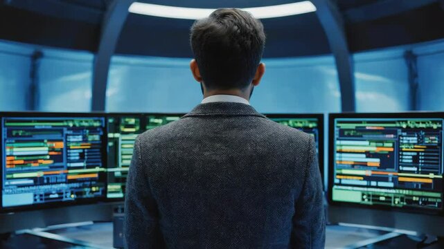 Man in suit standing in front of computer screens displaying data, facing forward, back view, modern interior