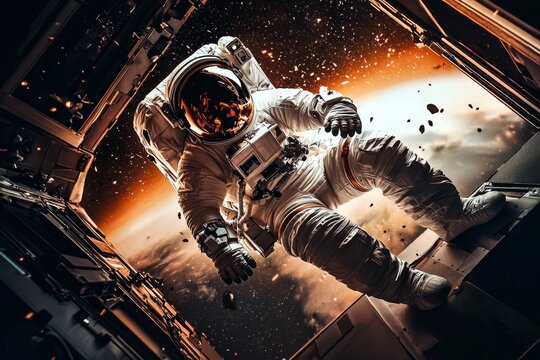 An imaginative depiction of an astronaut entering a spacecraft.
