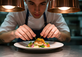 An extreme close-up of a chef carefully plating a gourmet dish, showcasing the artistry and precision involved in fine dining preparation.