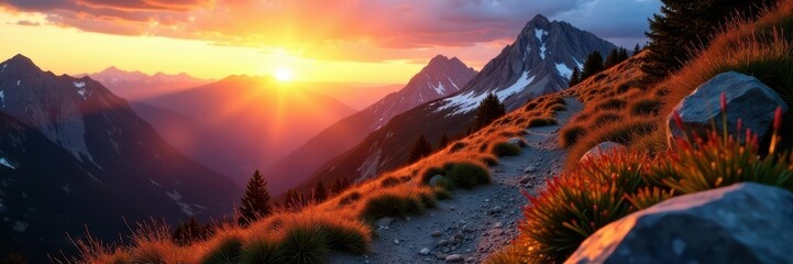 Golden hour light bathes rocky mountain trail at sunset , panorama, golden hour