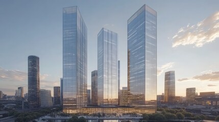 Naklejka premium Three modern glass skyscrapers dominate the urban city skyline