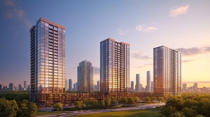 Modern high rise buildings stand in a serene urban landscape